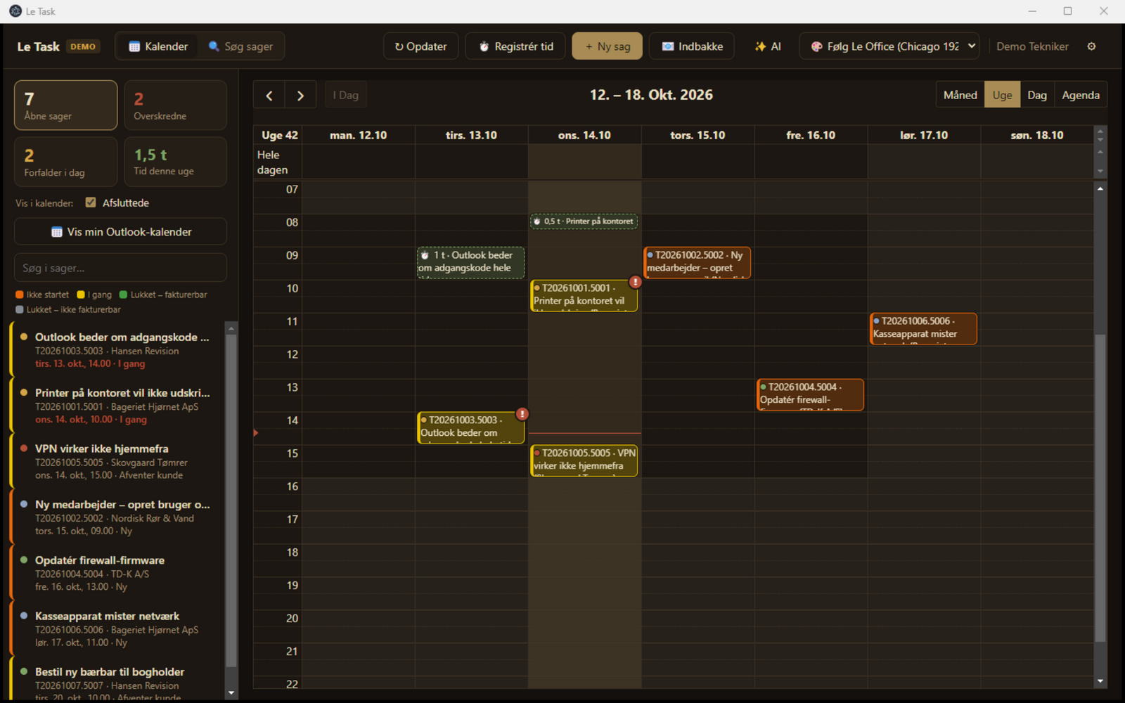 Le Task: ugekalender med sager farvet efter status og en liste over åbne sager